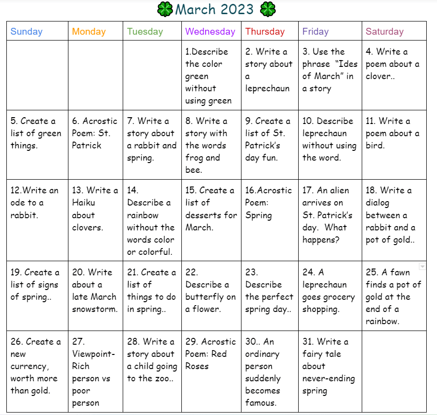 March Writing Prompts&nbsp;2023