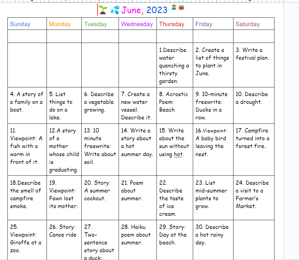 June Writing Prompts