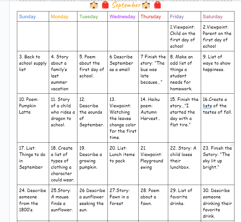 September Writing Prompts&nbsp;2023