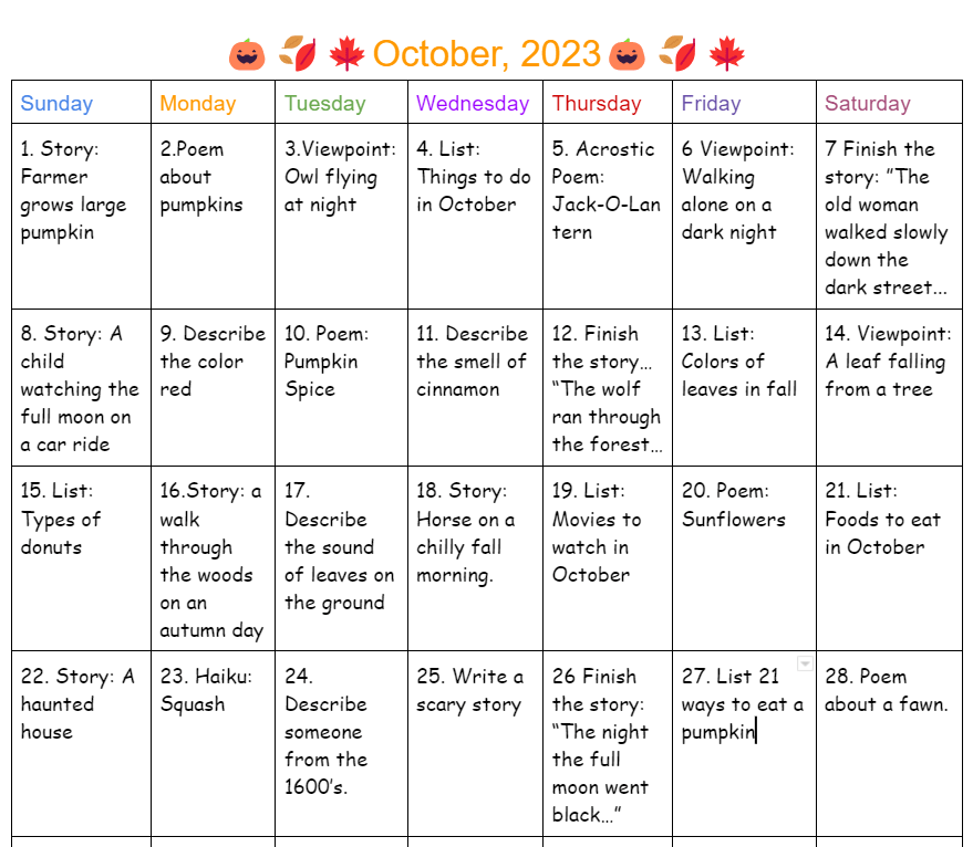 October Writing Prompts