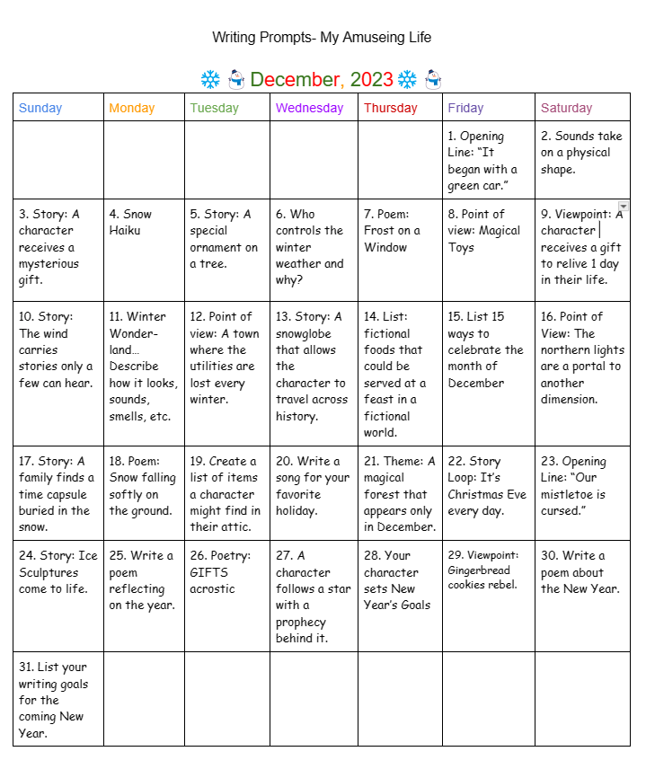 December Writing Prompts