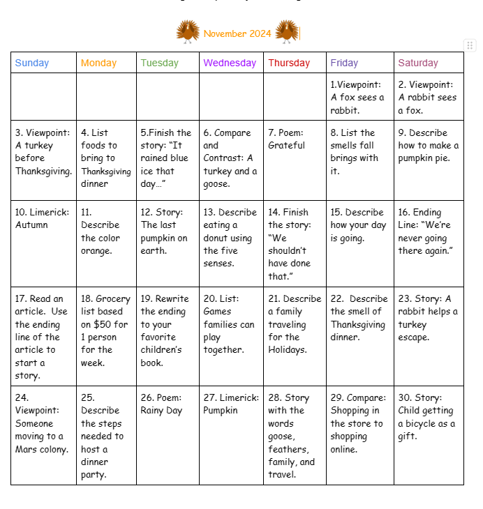 November 2024 Writing&nbsp;Prompts