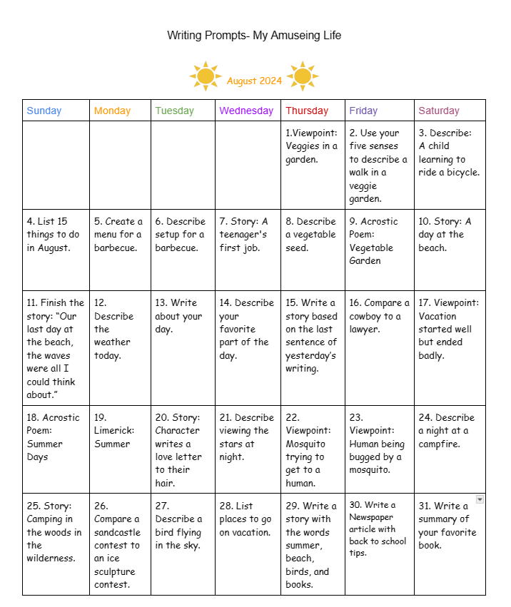 August 2024 Writing&nbsp;Prompts