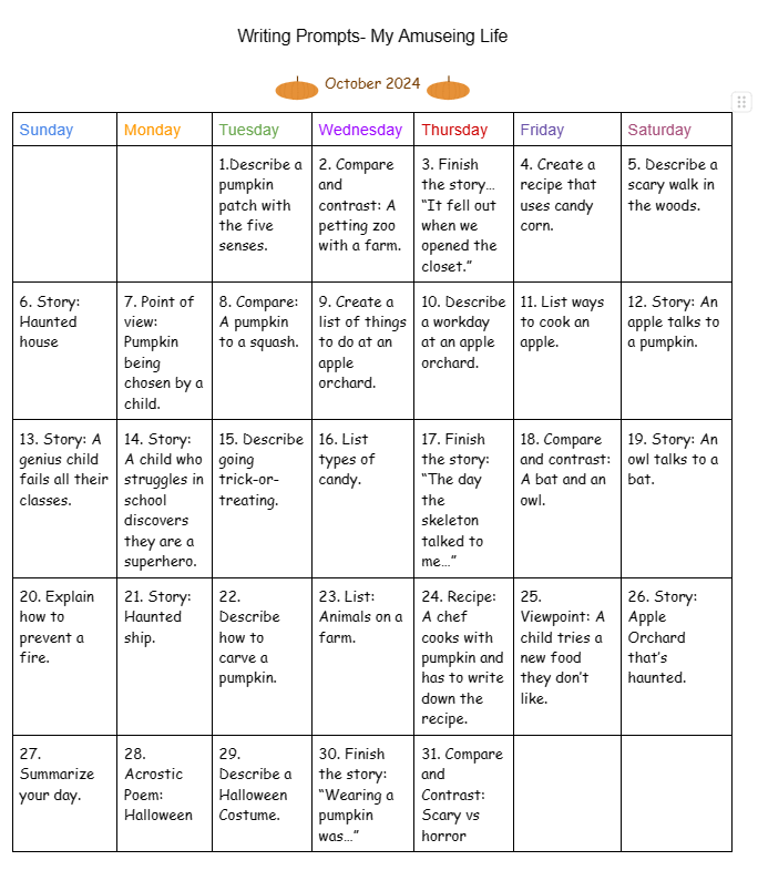 October 2024 Writing&nbsp;Prompts