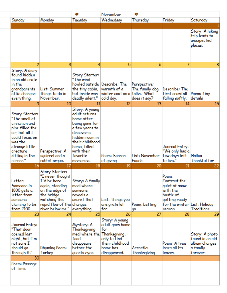 November 2025 Writing&nbsp;Prompts
