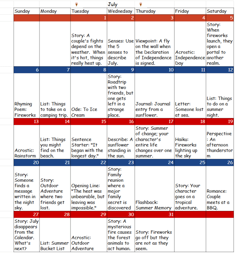 July 2025 Writing&nbsp;Prompts