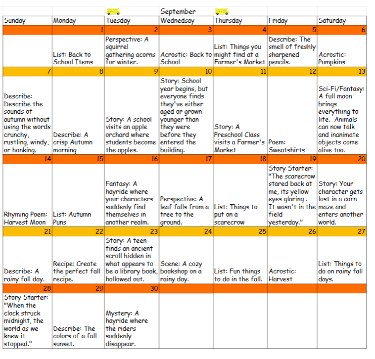 September 2025 Writing&nbsp;Prompts