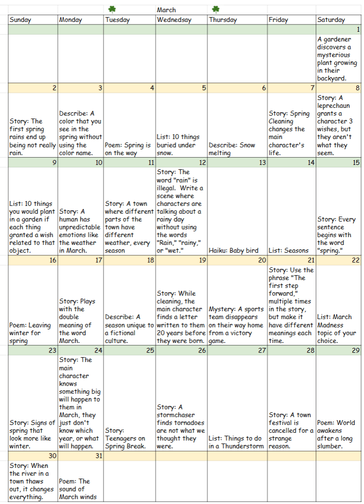 March 2025 Writing&nbsp;Prompts